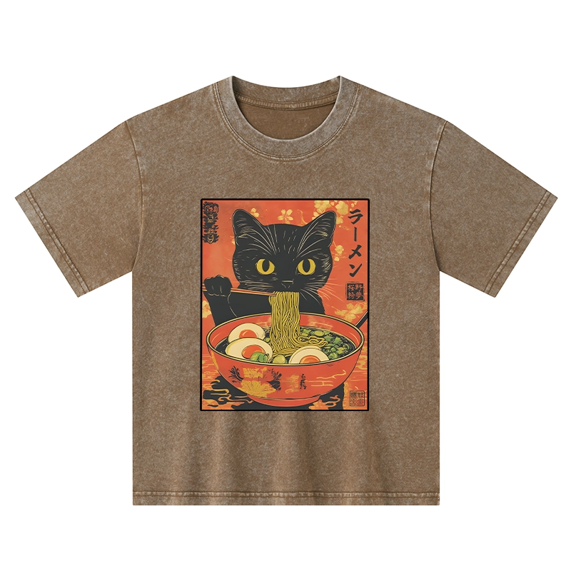 Tokyo-Tiger Hungry Black Cat Loves Ramen Kids Washed T-Shirt