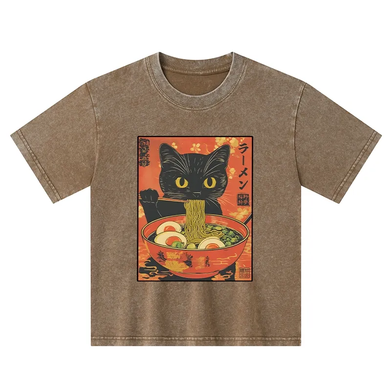 Tokyo-Tiger Hungry Black Cat Loves Ramen Kids Washed T-Shirt