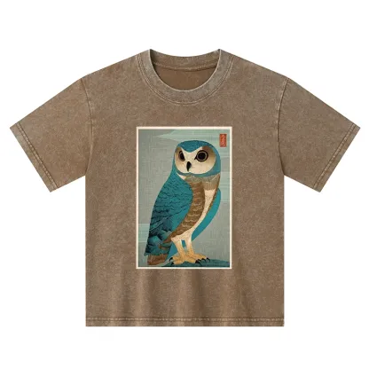 Tokyo-Tiger Vintage Owl Woodblock Art Kids Washed T-Shirt