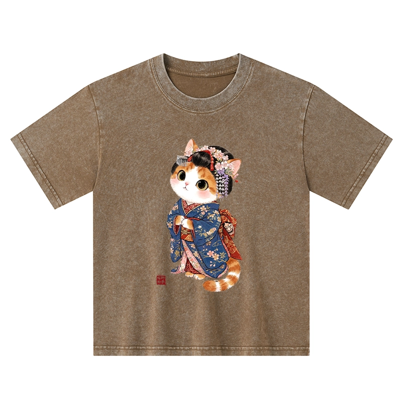 Tokyo-Tiger Cat Dressed As A Geisha Funny Kids Washed T-Shirt