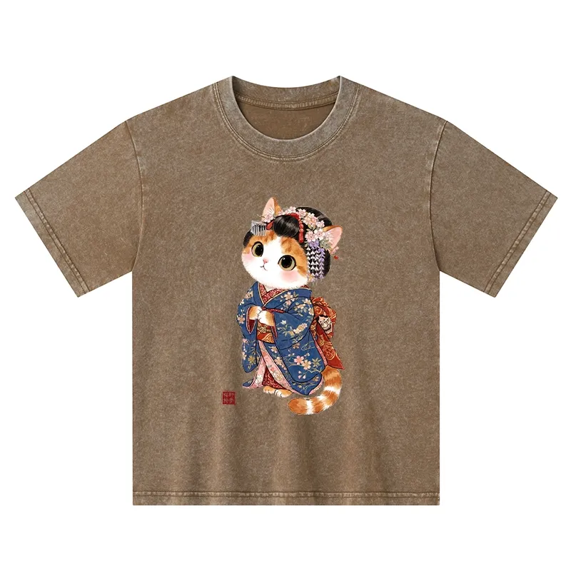 Tokyo-Tiger Cat Dressed As A Geisha Funny Kids Washed T-Shirt