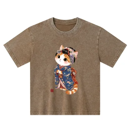 Tokyo-Tiger Cat Dressed As A Geisha Funny Kids Washed T-Shirt