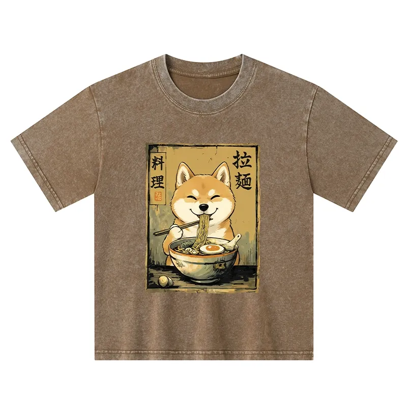 Tokyo-Tiger Happy Shiba Eating Ramen Kids Washed T-Shirt
