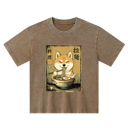 Tokyo-Tiger Happy Shiba Eating Ramen Kids Washed T-Shirt