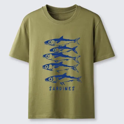 Tokyo-Tiger Blue And White Sardines Linocut Art Classic T-Shirt