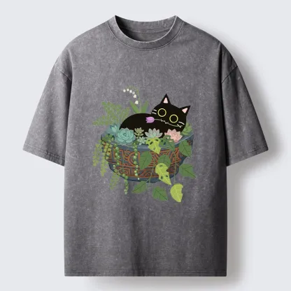 Tokyo-Tiger Cat Relaxing Inside Flower Pot Washed T-Shirt