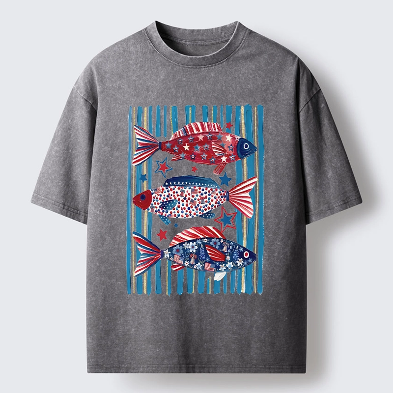 Tokyo-Tiger Vibrant Independence Day Star Decorated Fish Washed T-Shirt