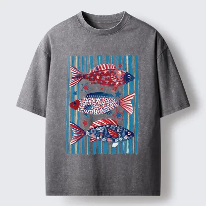 Tokyo-Tiger Vibrant Independence Day Star Decorated Fish Washed T-Shirt