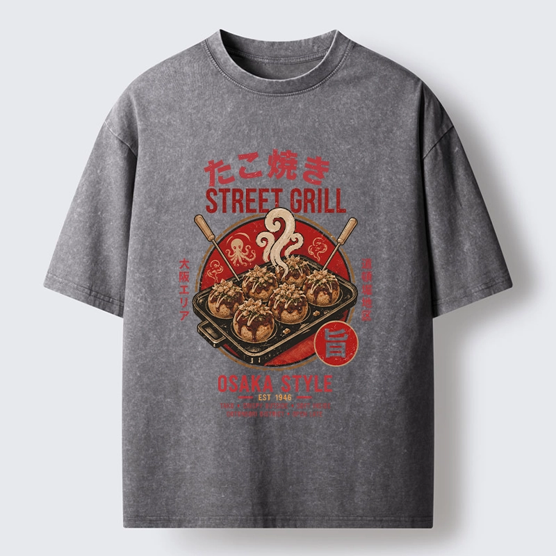 Tokyo-Tiger Osaka Takoyaki Street Grill Art Washed T-Shirt