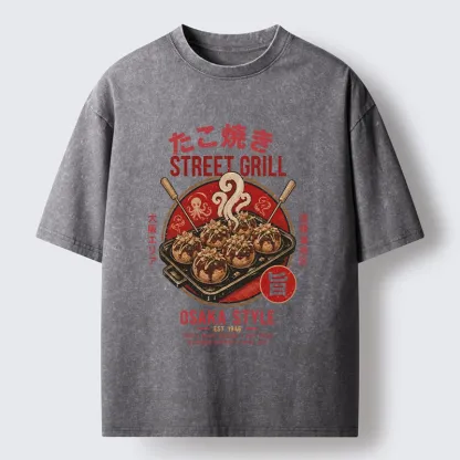 Tokyo-Tiger Osaka Takoyaki Street Grill Art Washed T-Shirt