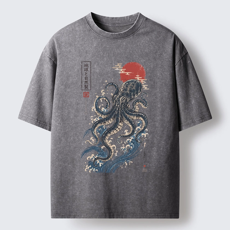 Tokyo-Tiger Traditional Japanese Wave Red Sun Octopus Washed T-Shirt