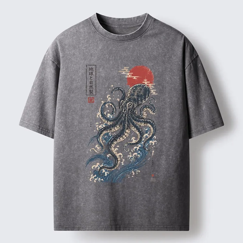 Tokyo-Tiger Traditional Japanese Wave Red Sun Octopus Washed T-Shirt