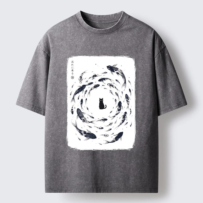 Tokyo-Tiger Traditional Japanese Carp Circle Cat Washed T-Shirt