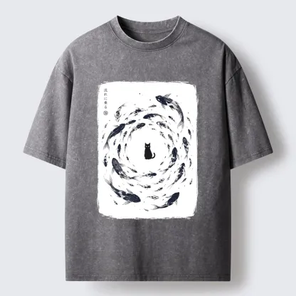 Tokyo-Tiger Traditional Japanese Carp Circle Cat Washed T-Shirt