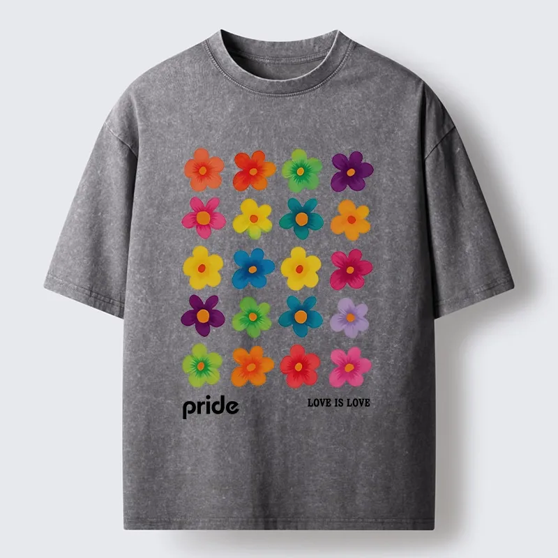 Tokyo-Tiger Colorful Flower Grid For Pride Month Washed T-Shirt
