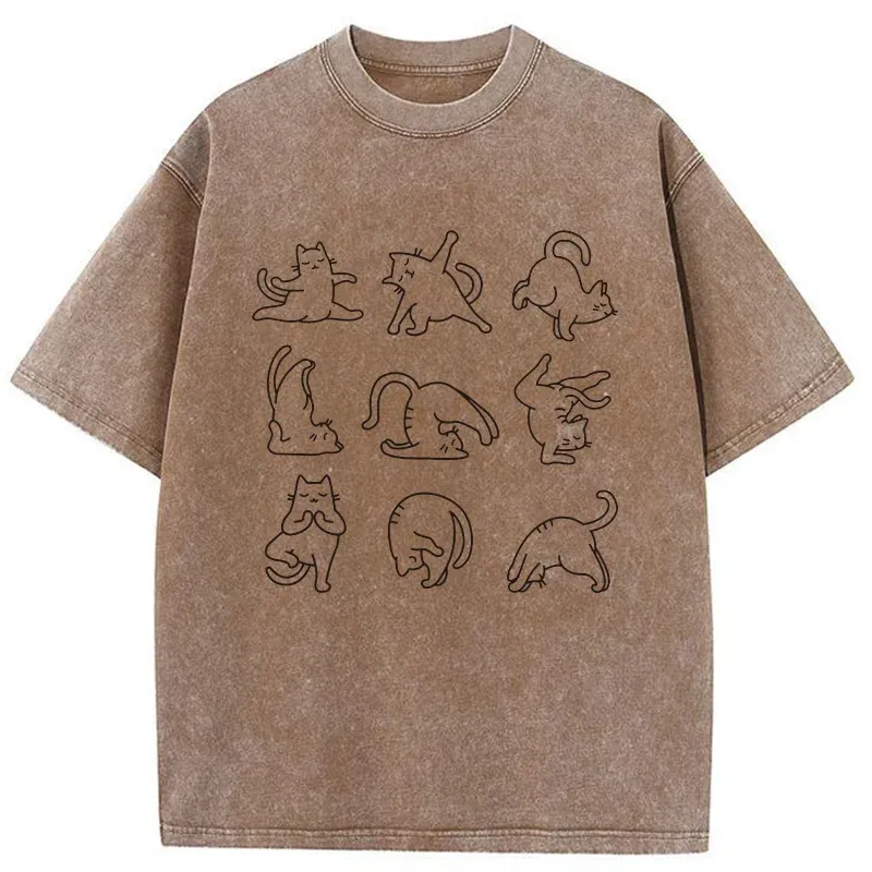 Tokyo-Tiger Cat Pose Yoga Washed T-Shirt