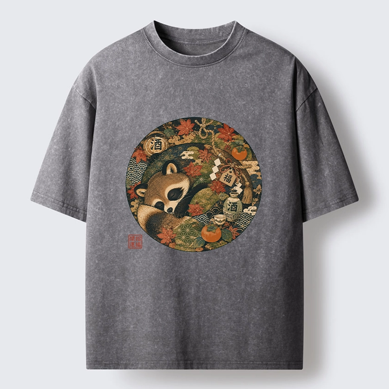 Tokyo-Tiger Sleepy Raccoon Enjoys Autumn Sake Break Washed T-Shirt