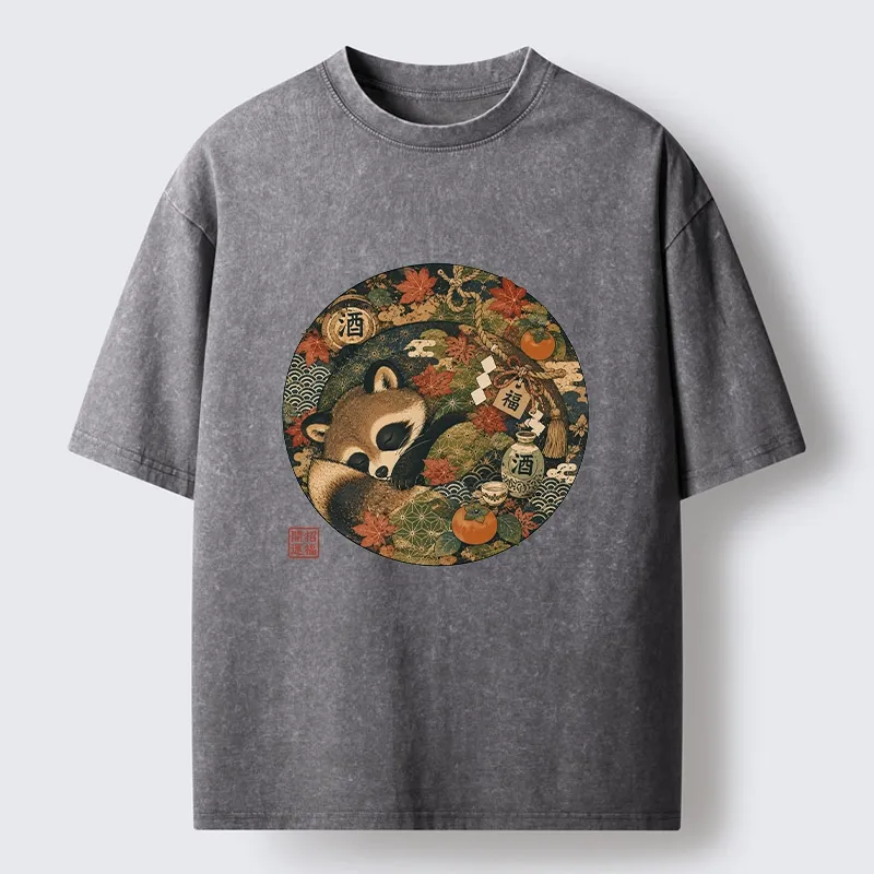Tokyo-Tiger Sleepy Raccoon Enjoys Autumn Sake Break Washed T-Shirt