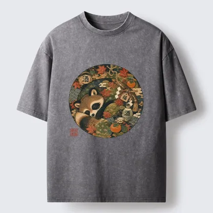 Tokyo-Tiger Sleepy Raccoon Enjoys Autumn Sake Break Washed T-Shirt