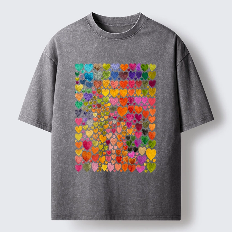 Tokyo-Tiger Rainbow Hearts Fill Full Art Grid Washed T-Shirt