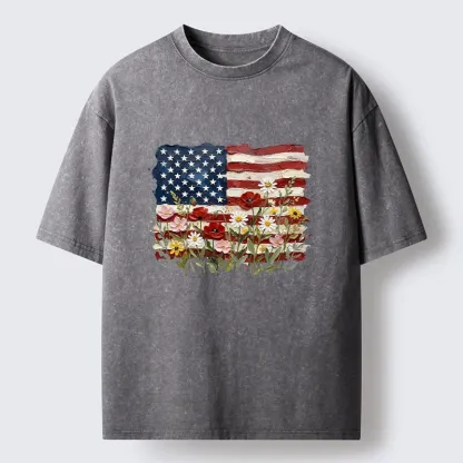 Tokyo-Tiger Floral Accents On Textured Flag Art Washed T-Shirt