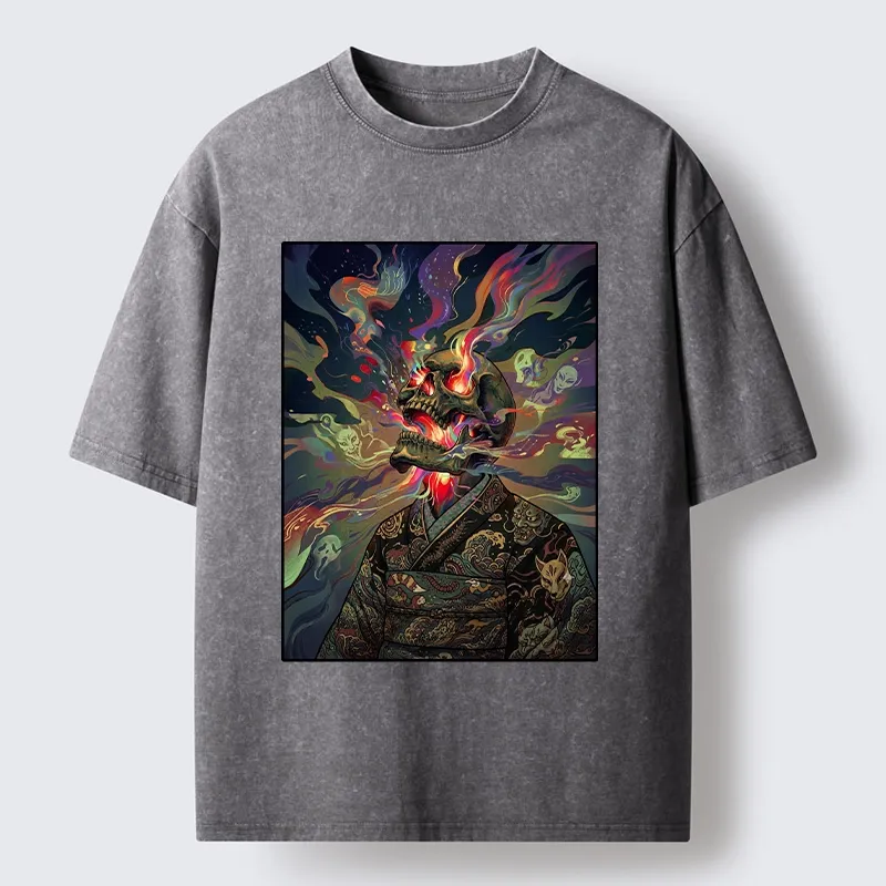 Tokyo-Tiger Colorful Flame Spirits Around Dead Head Washed T-Shirt