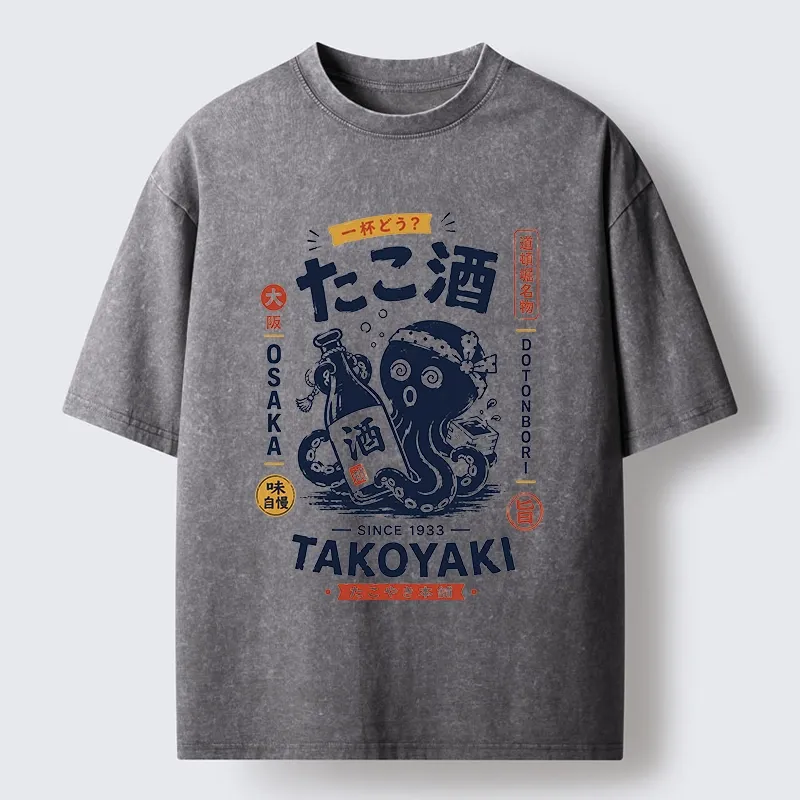 Tokyo-Tiger Vintage Bar Art With Sake Loving Octopus Washed T-Shirt