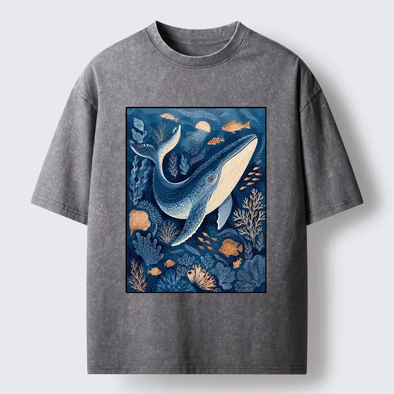 Tokyo-Tiger Blue Whale Under The Sea Washed T-Shirt