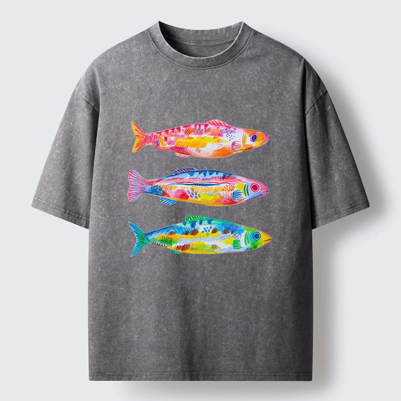 Tokyo-Tiger Colorful Hand Drawn Fish Washed T-Shirt
