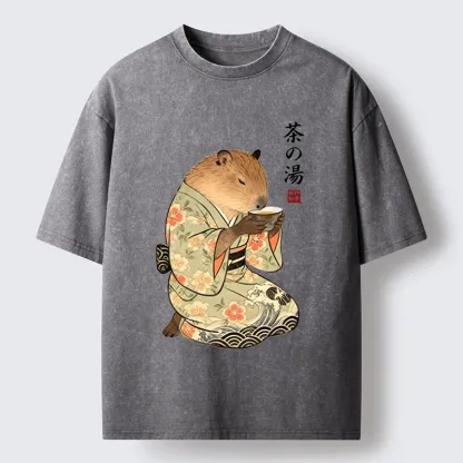 Tokyo-Tiger Capybara Drinking Tea In Kimono Washed T-Shirt