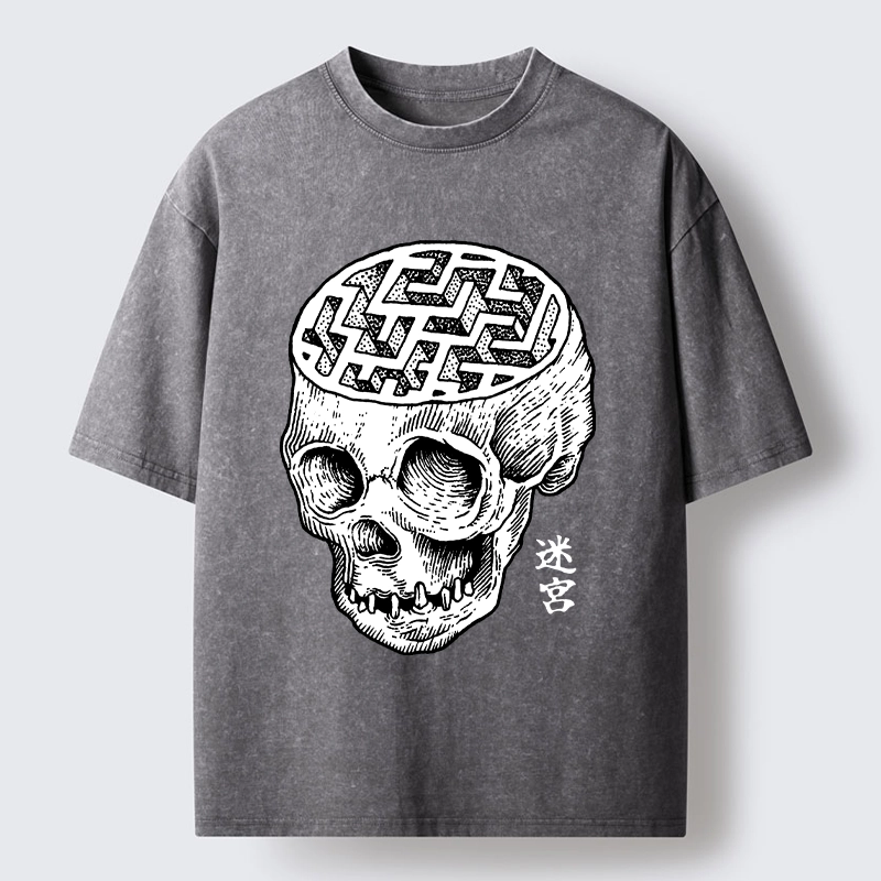 Tokyo-Tiger Skull With Brain Maze Washed T-Shirt