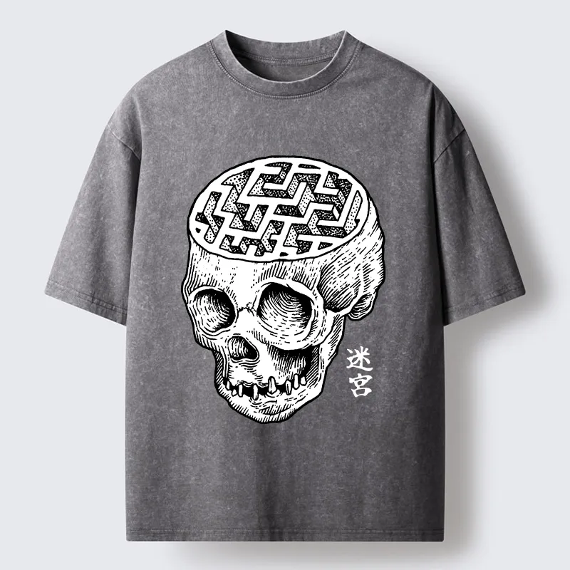 Tokyo-Tiger Skull With Brain Maze Washed T-Shirt