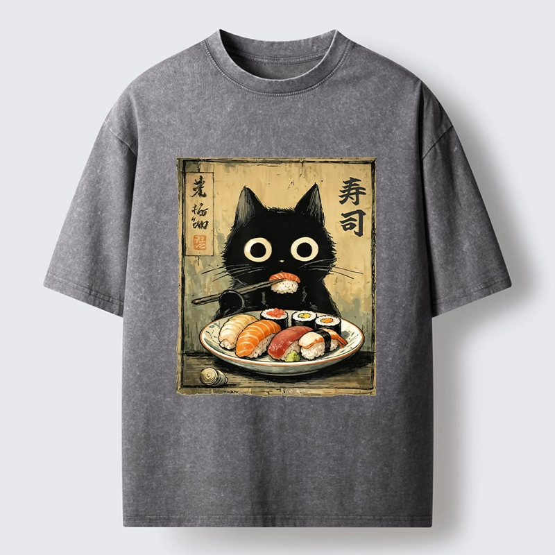 Tokyo-Tiger Vintage Japanese Sushi Cat Washed T-Shirt