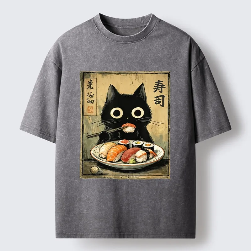 Tokyo-Tiger Vintage Japanese Sushi Cat Washed T-Shirt