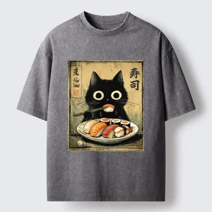 Tokyo-Tiger Vintage Japanese Sushi Cat Washed T-Shirt