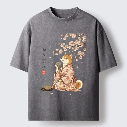 Tokyo-Tiger Japanese Kimono Shiba Tea Time Washed T-Shirt