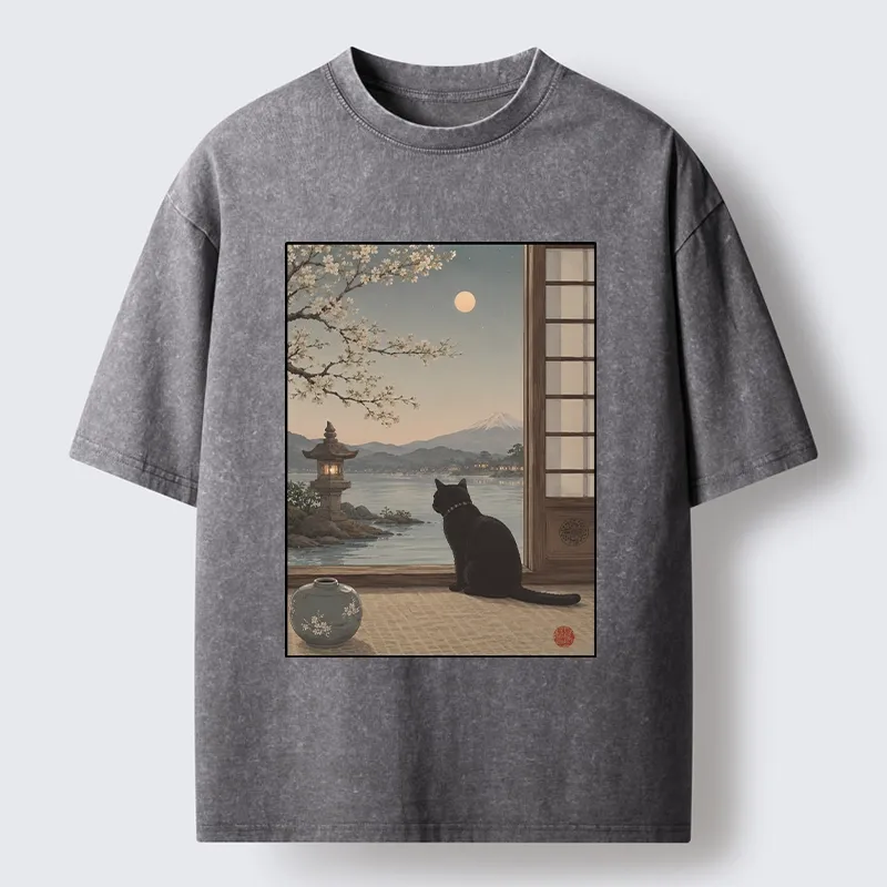 Tokyo-Tiger Black Cat Watching Mount Fuji At Night Washed T-Shirt