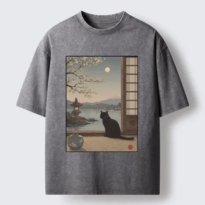 Tokyo-Tiger Black Cat Watching Mount Fuji At Night Washed T-Shirt