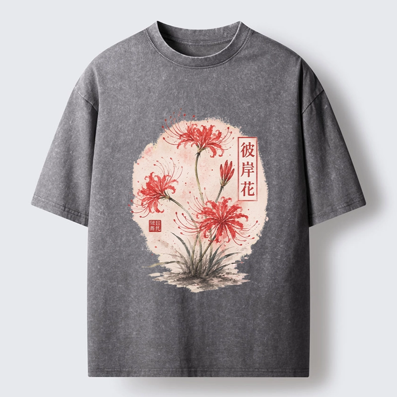Tokyo-Tiger Red Spider Lily Watercolor Painting Washed T-Shirt