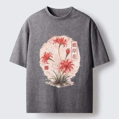 Tokyo-Tiger Red Spider Lily Watercolor Painting Washed T-Shirt