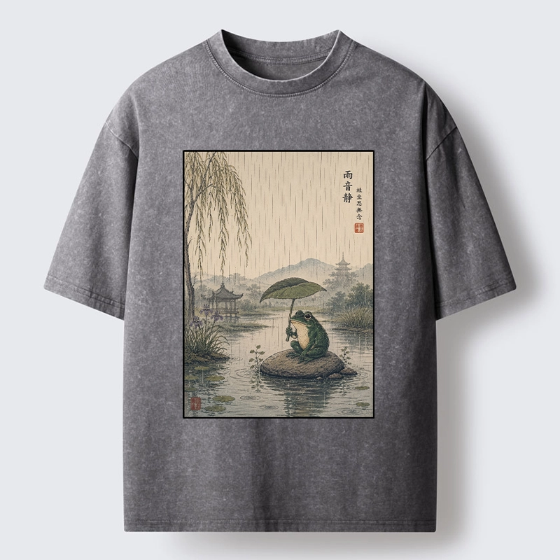 Tokyo-Tiger Frog Holding Lotus Leaf In The Rain Washed T-Shirt
