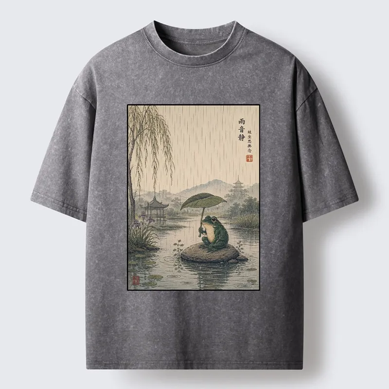 Tokyo-Tiger Frog Holding Lotus Leaf In The Rain Washed T-Shirt