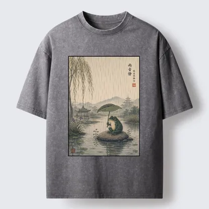 Tokyo-Tiger Frog Holding Lotus Leaf In The Rain Washed T-Shirt