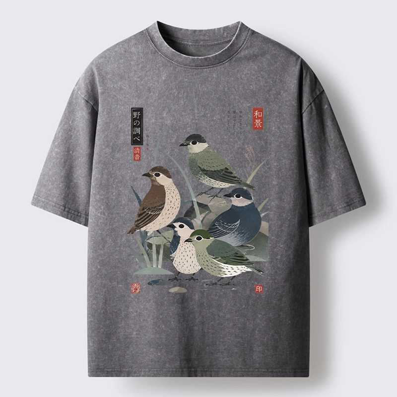 Tokyo-Tiger Cute Little Birds Japanese Folk Print Washed T-Shirt