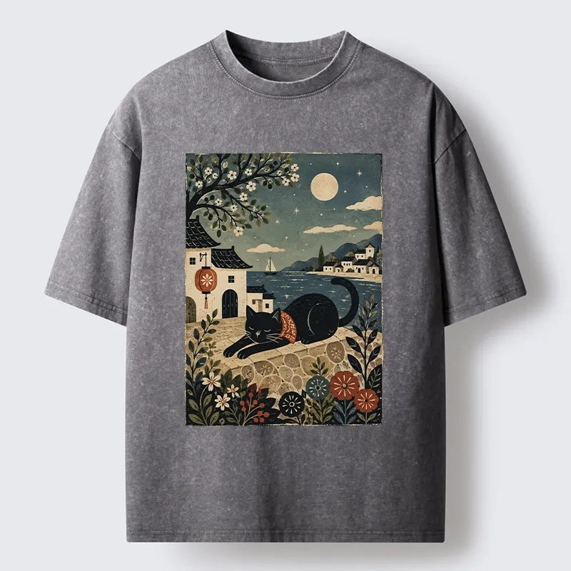 Tokyo-Tiger Sleepy Cat In A Coastal Town Washed T-Shirt