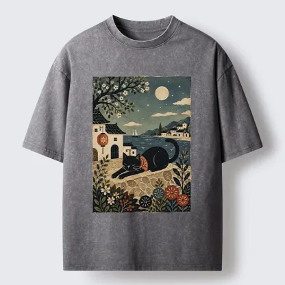 Tokyo-Tiger Sleepy Cat In A Coastal Town Washed T-Shirt