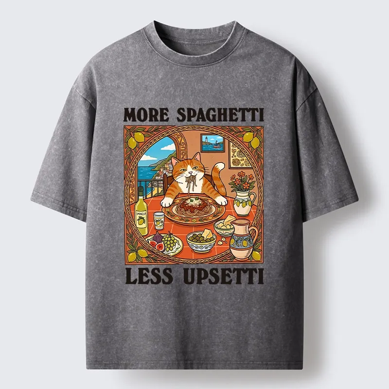 Tokyo-Tiger Cat Eating Spaghetti With Joy Washed T-Shirt