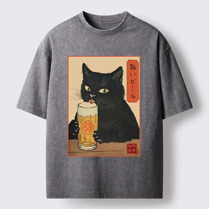 Tokyo-Tiger Cat Holding A Glass Of Beer Washed T-Shirt
