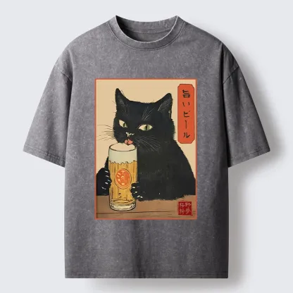 Tokyo-Tiger Cat Holding A Glass Of Beer Washed T-Shirt