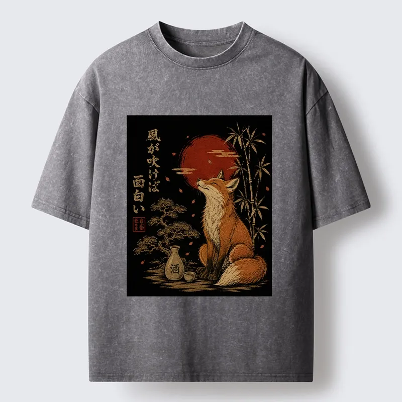 Tokyo-Tiger Zen Fox Enjoying The Night Air Washed T-Shirt